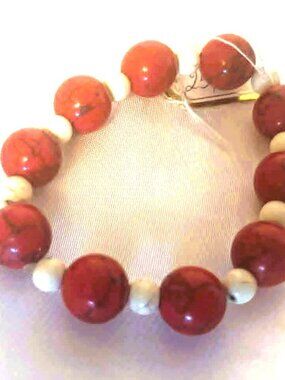 Red White Howlite Bracelet Handmade Stretch Beaded Bold Statement Gift